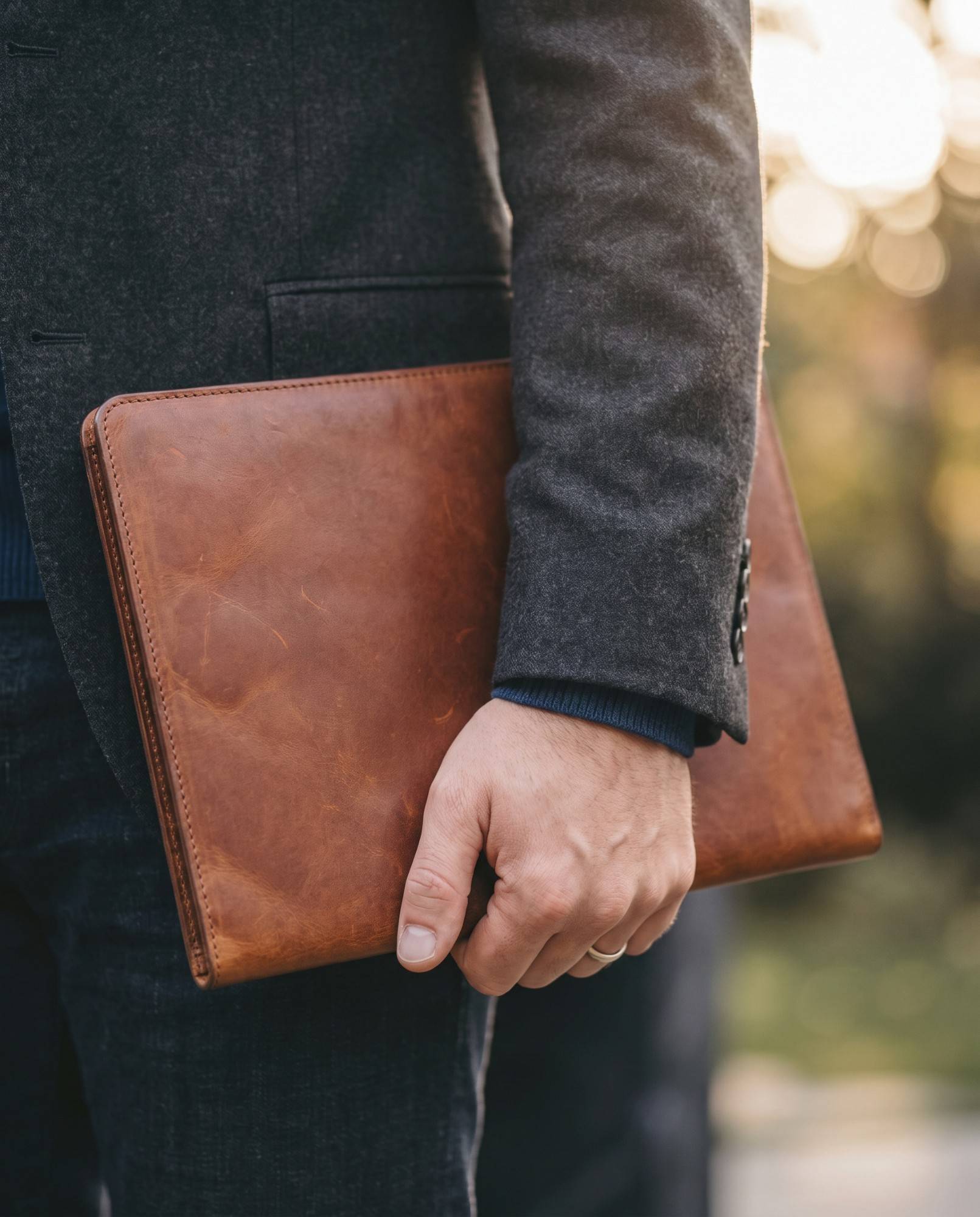 Garrett Stowe’s hand on a leather folio.